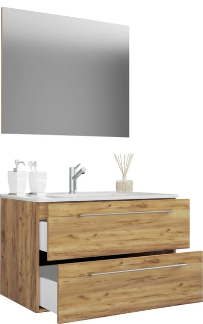 VCM 3-tlg. Waschplatz Waschtisch | Waschbecken Unterschrank Breite 80 cm | Badmöbel Set hängend mit einer Schublade Spiegel | Badinos