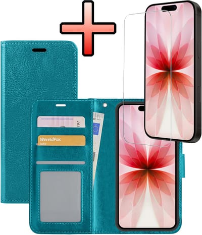 Hoesje - Met Screenprotector - Geschikt voor Apple iPhone 17 - Luxe Pasjeshouder - Bookcase Portemonee - Flip Case - Kunstleer Book Case - Flipcase - Book Cover - Walletcase - Portemonneehoes - Turquoise