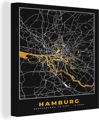 Canvas Schilderij Hamburg - Duitsland - Kaart - Goud - Plattegrond - Stadskaart - 20x20 cm - Wanddecoratie