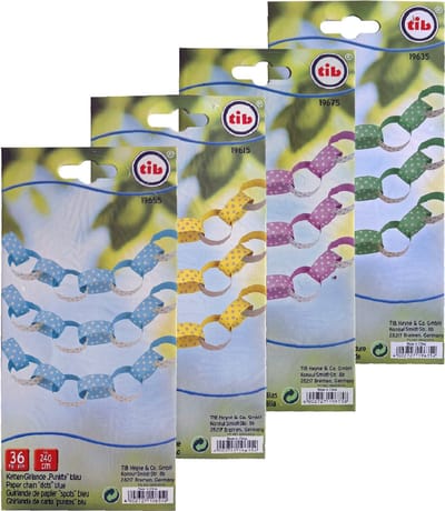 4 Stuks - TIB Papieren Feestslinger – Roze, Blauw, Geel & Groen met Stippen – 2,4 meter per stuk