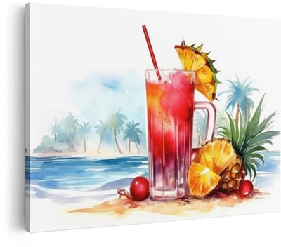 Artaza Canvas Schilderij Cocktail - 120x80 cm - Wanddecoratie Tropisch Strand - Muurdecoratie Ananas - Decoratie Zomer - Schilderijen Op Canvas