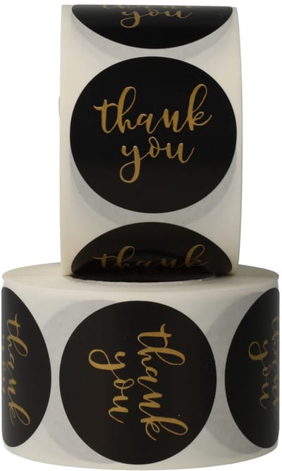 2 stuks Thank You Stickers 35 mm - 500 Stickers op een Rol - Bedankt Stickers voor Verpakking, Verjaardag, Cadeau, Webshop, Zwart met Gouden Letters, Labels, Dappaz