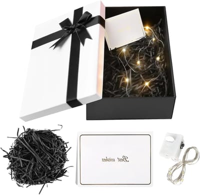 Cadeaubox met Deksel 25 x 18 x 8,5 cm, Luxe Cadeauverpakking met Strik, Verjaardag, Bruiloft en Valentijnsdag Geschenken, Inclusief Wenskaarten en Raffia