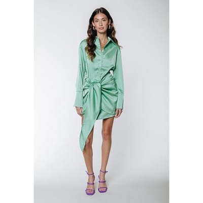 Colourful Rebel Mette Uni Satin Knotted Shirt Dress Mint Maat: M | Blousejurken Outlet | Dames | Groen