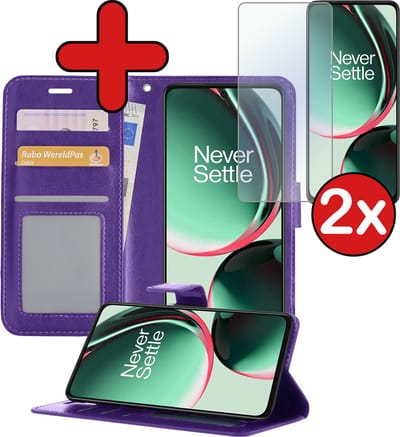 Hoesje - Met 2x Screenprotector - Geschikt voor OnePlus Nord CE 3 Lite - Luxe Pasjeshouder - Flip Case - Bookcase Portemonee - Kunstleer Book Case - Flipcase Hoes - Book Cover - Walletcase - Portemonneehoes - Telefoonhoes - Paars