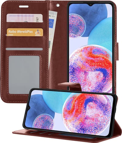 Hoesje - Met Pasjeshouder - Geschikt voor Samsung Galaxy A23 - Luxe Bookcase Portemonee - Flip Case - Kunstleer Book Case - Flipcase - Book Cover - Walletcase - Portemonneehoes - Telefoonhoesjes - Bruin