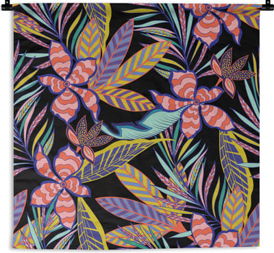 Wandkleed - Wanddoek - Hawaii - Regenboog - Bloemen - Bladeren - Psychedelisch - 90x90 cm - Wandtapijt