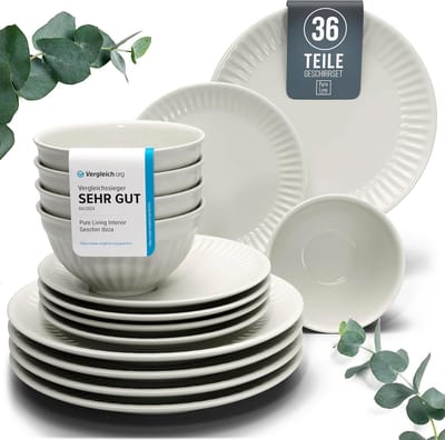 Pure Living Hygge 36-Delig Serviesset - Beige - 12 Personen - Vaatwasserbestendig - Ribbelstructuur