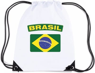 Brazilie thema sporttas - nylon rijgkoord rugzak - wit met vlag print - supporters - 11 liter - 45 x 34 cm