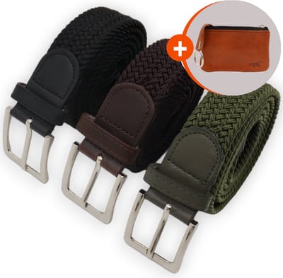 Safekeepers elastische riemen - Elastiek riem - stretch riemen - riem heren - riemen dames - 3 Stuks - zwart;bruin en groen