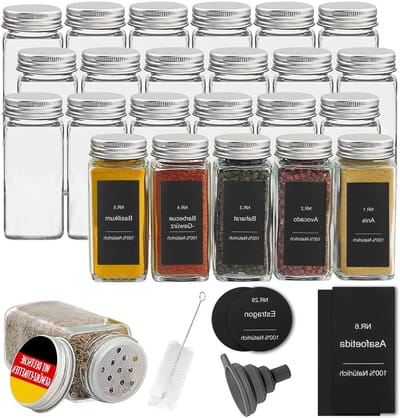 Kruiderij opslagset - 24-delige glazen potjes met schroefdop en strooi-inzetstuk. Inclusief Labels en Accessoires voor Keukenkruiden.