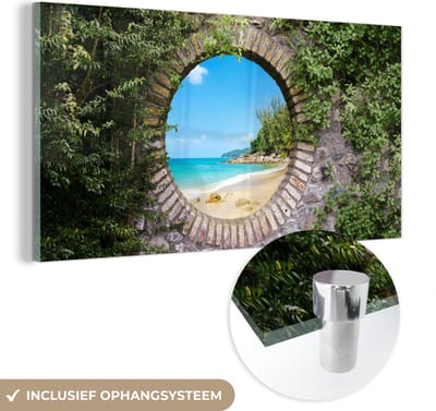 MuchoWow® Glasschilderij 40x20 cm - Schilderij acrylglas - Strand - Zee - Doorkijk - Zomer - Foto op glas - Schilderijen