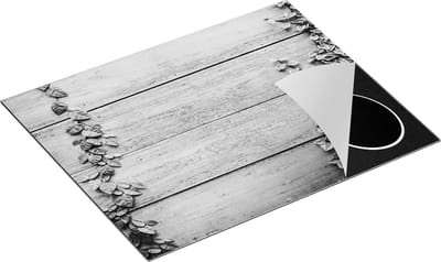 Chefcare Inductie Beschermer Houten Planken met Groene Bladeren - Hout - Zwart Wit - 65x50 cm - Afdekplaat Inductie - Kookplaat Beschermer - Inductie Mat
