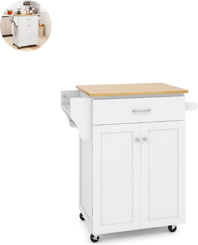 Keukeneiland - Verplaatsbaar - Keukenkast - Dressoir - Organizer - Kasten - Houten Werkblad - 2 Deuren - Wit