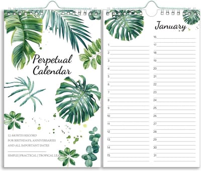 Eeuwigdurende Ongedateerde Kalender 12 Maanden - Verjaardagen en Herinneringen bijhouden - 6x10 - 2 Lijnen per Dag - Dubbeldraads Binding - Dik Papier - Tropisch Design