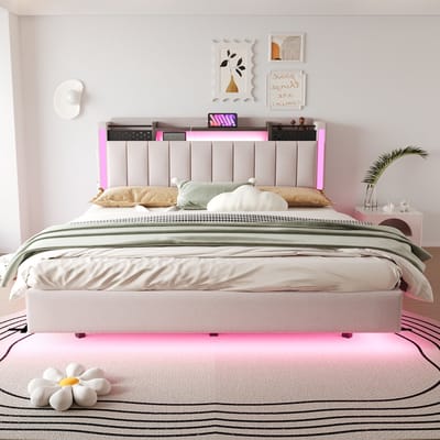 Gestoffeerd bed 160x200 cm met LED-verlichting en USB-aansluiting - met nachtkastje - zwevend bed - beige - zonder matras