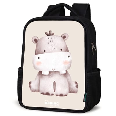 NoBoringSuitcases.com® - Rugzak zwart - Schooltas jongen & meisje - Nijlpaard op beige achtergrond illustratie - Rugtas voor school - Boekentas kind - Schoolrugzak - Kinderrugzak
