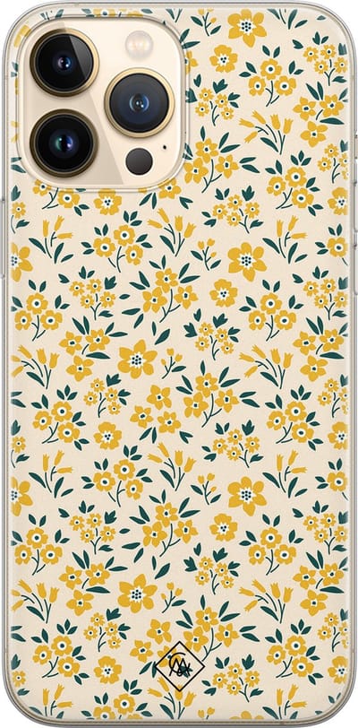 Casimoda® hoesje - Geschikt voor iPhone 13 Pro Max - Yellow Garden - Siliconen/TPU telefoonhoesje - Backcover - Bloemen - Goudkleurig