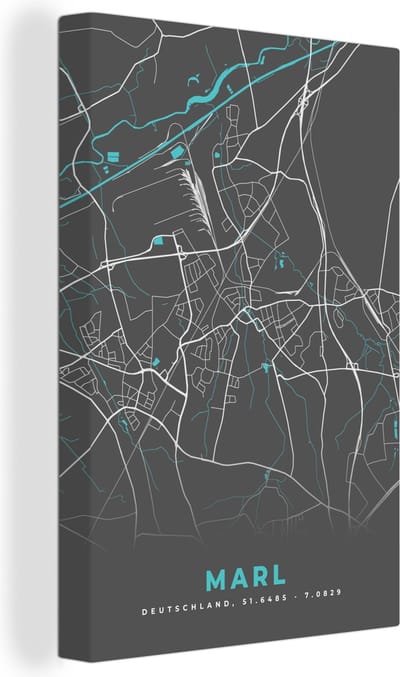 Canvas Schilderij Duitsland – Blauw – Marl – Stadskaart – Kaart – Plattegrond - 20x30 cm - Wanddecoratie