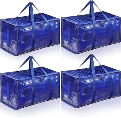 Grote Blauwe Opbergzakken, 90 Liter, Vouwbare Opbergzak met Rits en Handvatten voor Kleding, Duurzame Verhuishulp voor Beddengoed en Kussens, Set van 4