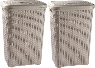 Plasticforte Wasmand met deksel - 2x stuks - 60 liter - taupe - rotan - kunststof - L35 x B43 x H62 cm