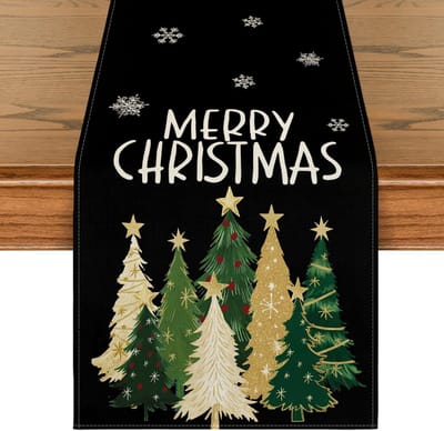 Tafelloper met bomen en sterren, vrolijk kerstfeest, winter, keuken, interieurdecoratie, feestdecoratie, 33 x 120 cm