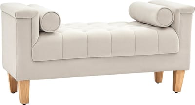 Gestoffeerde Bank - Vintage Bankje 2 Zits - 115x44x58 cm - Chenille Stof Noppen - Voor Hal & Slaapkamer - Beige