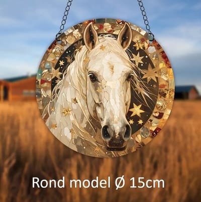 Allernieuwste.nl® Raamhanger Raamdecoratie Creme Paard met Sterren - Bruine Zonnevanger Rond Acryl met Ketting - Dieren - Suncatcher Rond model 15 cm %%