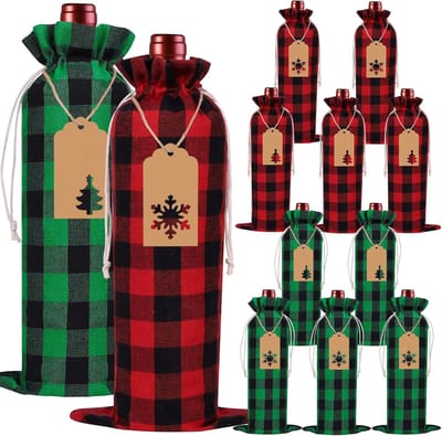 12 stuks kerst wijn jute zakken, kerst wijn zakken klassieke buffalo geruite wijnfles zakken herbruikbare jute kerst wijnfles hoezen kleding voor Kerstmis Nieuwjaar bruiloft feestdagen feesten