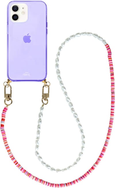 xoxo Wildhearts silicone case met koord - Paars telefoonhoesje met koord - telefoonketting - Island Girl - long - Cord Case - geschikt voor Apple iPhone 11 - Lange parelketting / kralenketting - Parels - Wit / Roze