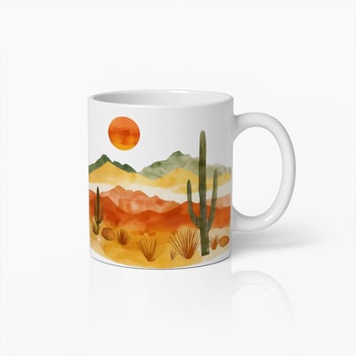 Desert Landschap Koffiemok met Cactus en Zonsondergang Ontwerp – Unieke Artistieke Keramische Beker