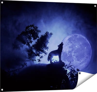 Gards Tuinposter Huilende Wolf in Silhouet bij Volle Maan - 100x80 cm - Tuindoek - Tuindecoratie - Wanddecoratie buiten - Tuinschilderij