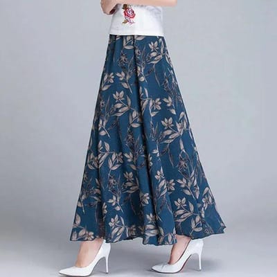 Dames Zomer Herfst IJs Zijde Bloemenprint Rok Elastische Hoge Taille A-lijn Rok Grote Maat All-match Casual Grote Swing Lange Rok L