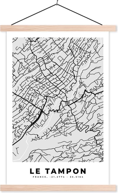 Posterhanger incl. Poster 40x60 cm - Schoolplaat - Frankrijk - Le Tampon - Stadskaart - Plattegrond - Kaart - Textielposter - Blanke latten - Stadskaart