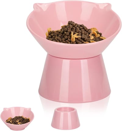 Kattenbak,Kattenvoerbak met 15° Kantelbaar Verhoogd Statief，Voedselbak voor Katten en Kleine tot Middelgrote Honden, Anti-overgeven, Nekbescherming,roze