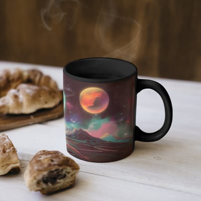Magische Mok - Foto op Warmte Mokken - Koffiemok - Planeten - Neon - Berglandschap - Zon - Magic Mok - Beker - 350 ML - Theemok