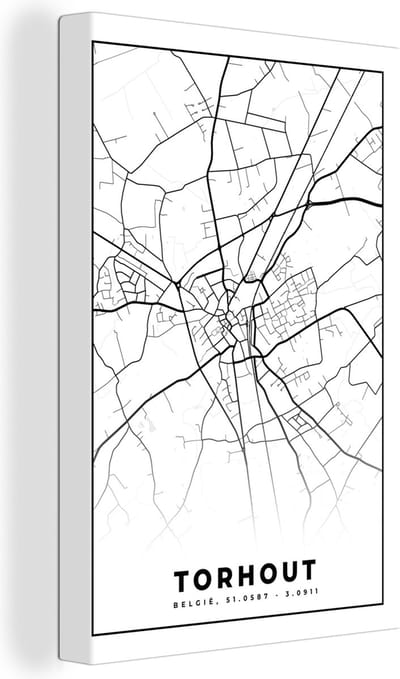 Canvas Schilderij België – Torhout – Stadskaart – Kaart – Zwart Wit – Plattegrond - 20x30 cm - Wanddecoratie