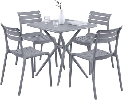 CLP Vela tuinmeubelset - 4 stapelstoelen - vierkante eettafel 72x72cm - weerbestendige balkonset - voor terras en tuin - grijs