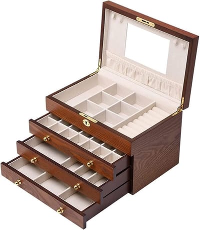 Sieraden doos - Juwelen opberger - Sieraden organiseren - Spiegel en slot - 28.9 x 19 x 18.5 cm - Bruin