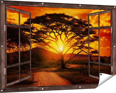 Gards Tuinposter Doorkijk Zonsondergang Achter een Savanne Boom - 150x100 cm - Tuindoek - Tuindecoratie - Wanddecoratie buiten - Tuinschilderij