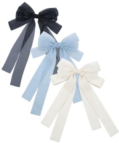 Haarstrikken voor dames, haarspeld voor meisjes met lange band, Franse lenteclip met grote strik, zacht en elegant, blauw, zwart en beige, 3 stuks