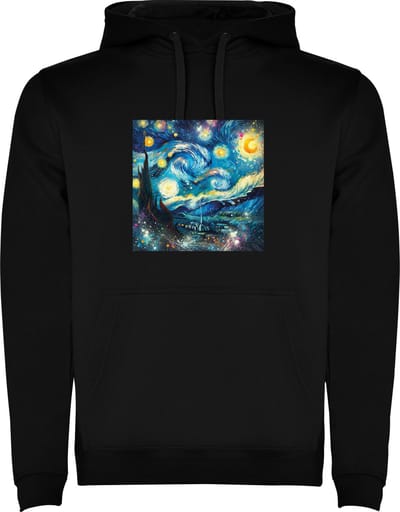 Zwarte unisex hoodie met “ Kleurrijke Vincent Van Gogh - Sterrenhemel - Kunst “ Print Full Color Color merk Roly maat S