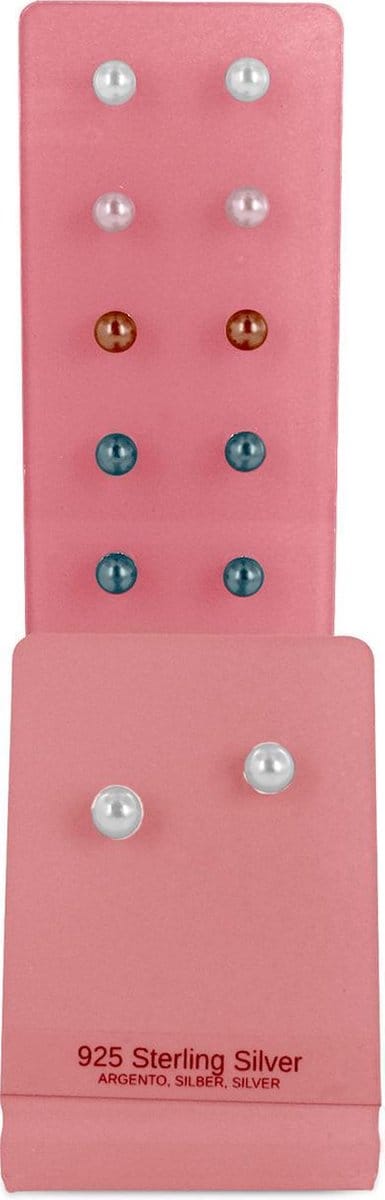 New Bling Gift Set 929944001 Sieraden Geschenkset - Zilveren Oorknoppen 6 paar - Zoetwaterparel 6 mm - Wit, Roze, Bruin, Blauw, Grijs