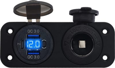 ProRide 12V USB C Stopcontact 3 Poorten Inbouw met Schakelaar/Voltmeter - QC3.0 - met 12/24V Sigaretten stopcontact - Blauw