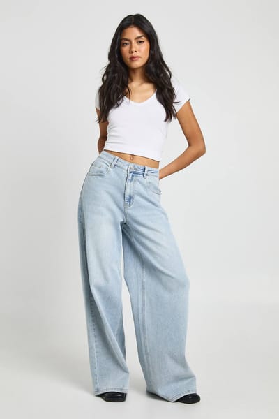 boohoo Dames De Mid Waist Wide Leg Jeans | Vintage Bleach | Maat: 16/30L