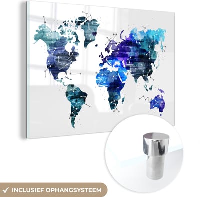 ® Glasschilderij 180x120 cm - Schilderij acrylglas - Wereldkaart - Blauw - Sterrenhemel - Kinderen - Jongens - Meisjes - Foto op glas - Muurdecoratie woonkamer - Wanddecoratie slaapkamer - Schilderijen