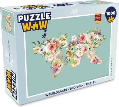 Puzzel Wereldkaart - Bloemen - Pastel - Legpuzzel - Puzzel 1000 stukjes volwassenen