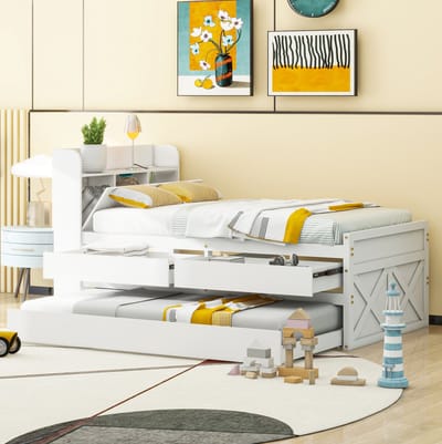 MEUNIQ eenpersoonsbed 90x190 cm met uitschuifbed, 2 lades, nachtkastje met opbergruimte en USB, lattenbodem, houten bed voor slaapkamer of logeerkamer, wit