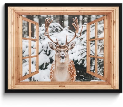 Poster in lijst - Fotolijst 70x50 cm - Posters - Doorkijk - Hert - Sneeuw - Winter - Bos - Dieren - Posterlijst zwart - Decoratie - Wanddecoratie woonkamer - Muurdecoratie slaapkamer