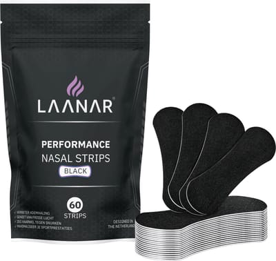 LAANAR® Neusstrips 60 stuks Performance Neuspleisters Sporten & Slapen - Anti Snurk Pleisters - Slaapproblemen - Neusspreider Extra Sterk - Meer Zuurstof bij Hardlopen, Fietsen & Fitness – Verhoog Sportprestaties - Zwart